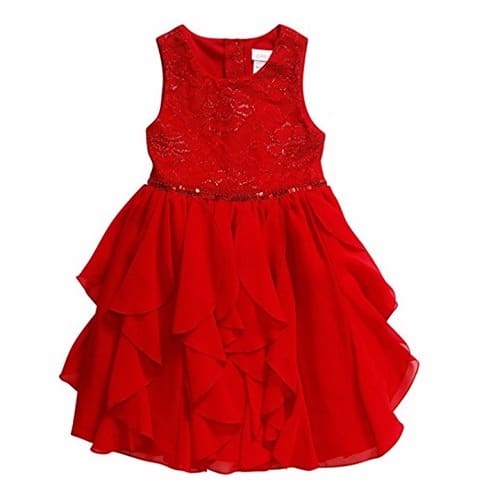 Girls Sleeveless Lace to Chiffon Waterfall Dress with Sequin Waist