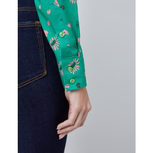 Women's Green & Pink Floral Print Semi Fitted Shirt