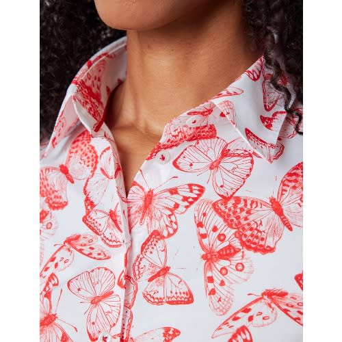 Women’s Butterfly Print Fitted Shirt - White & Red