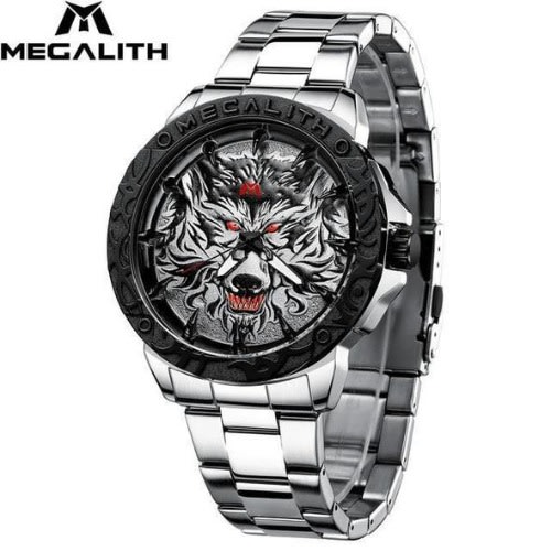 Men's Wolf Head Embossed Luxury Stainless Steel Waterproof Luminous Watch - Silver