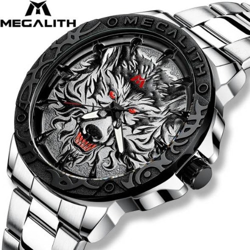 Men's Wolf Head Embossed Luxury Stainless Steel Waterproof Luminous Watch - Silver