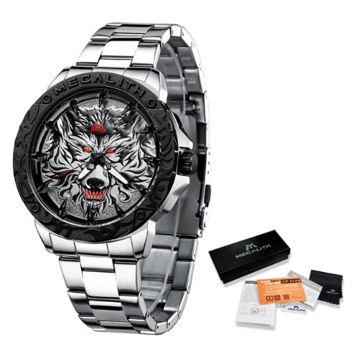 Men's Wolf Head Embossed Luxury Stainless Steel Waterproof Luminous Watch - Silver