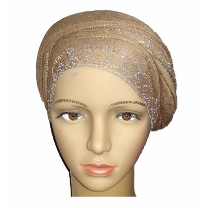 Silky Regal Studded Front Turban with Chain Link Design - Desert Brown