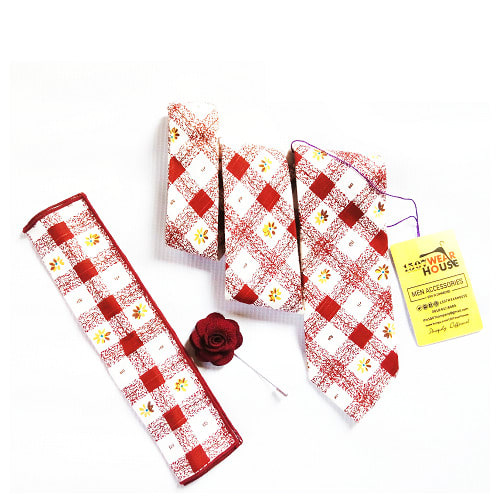 Floral Plaids - Red - Tie + Lapel Pin + Pocket Square