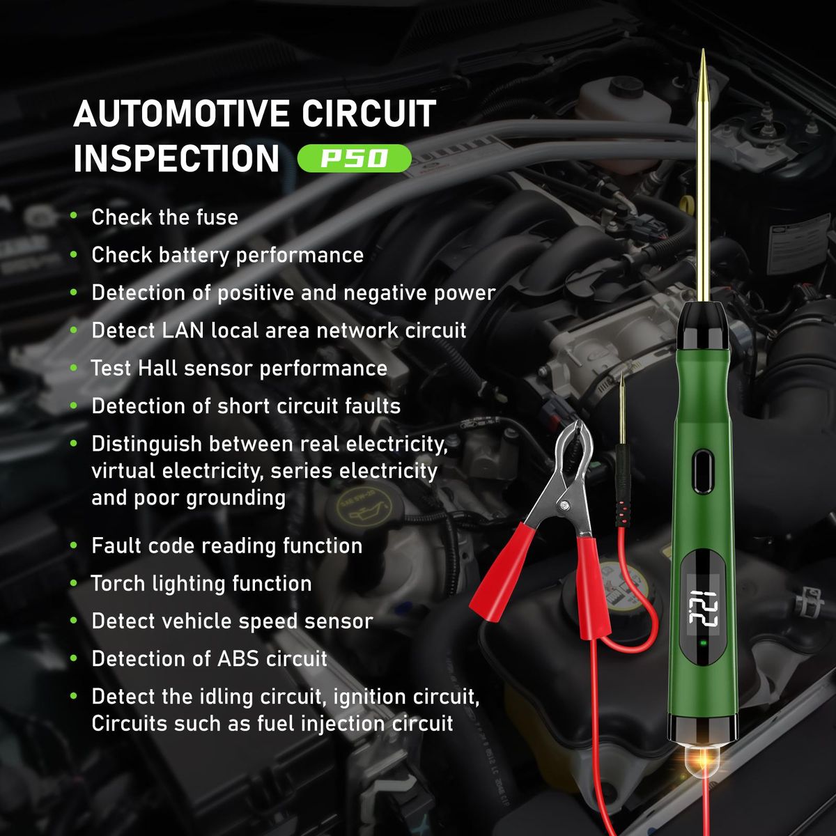 TopDiag P50 Automotive Circuit Tester LCD Display Voltage Measurement Bulb Load Measurement Power Polarity Display Three Detection Modes Switching Car Circuit Tester Automotive Electrical Tester
