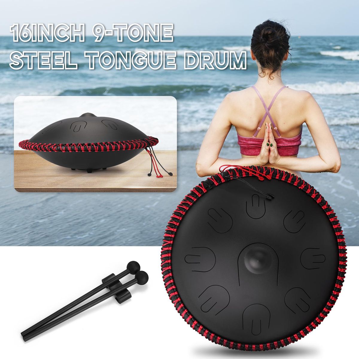 15 inch 9-Tone Steel Tongue Drum Hand Pan Drums with Drumsticks Percussion Musical Instruments