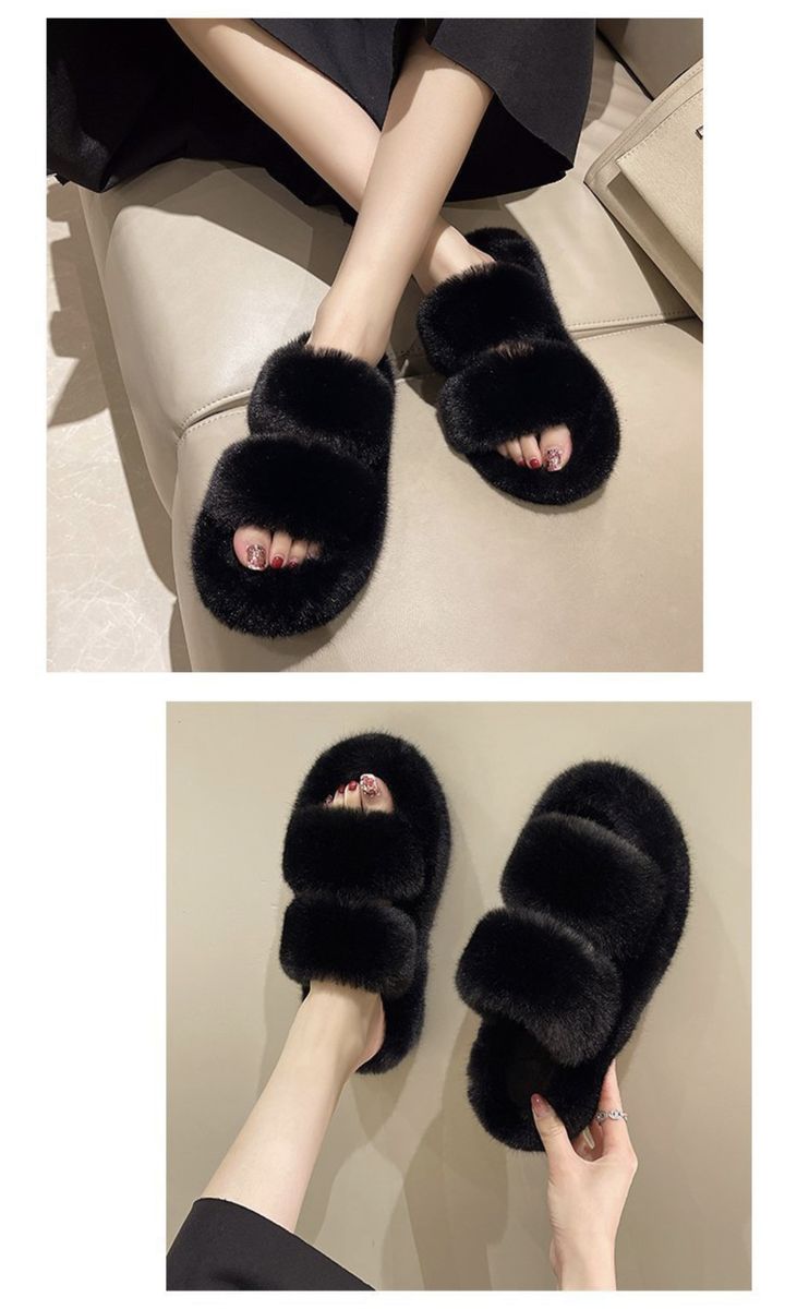 Indoor Fur Fluffy Soft Furry Non Slip Ladies Luxury Design Slide - Black
