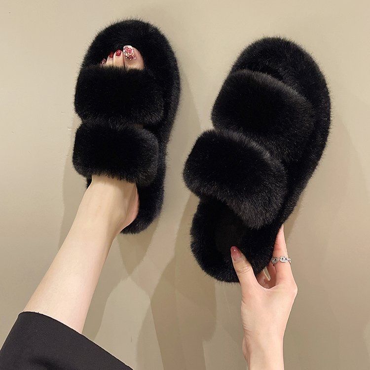 Indoor Fur Fluffy Soft Furry Non Slip Ladies Luxury Design Slide - Black
