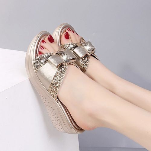 Ladies Newest Flat Fancy Slippers Female Fashion Slope Heel Slippers Casual Slippers Sandals Fish Mouth-Gold