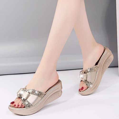Ladies Newest Flat Fancy Slippers Female Fashion Slope Heel Slippers Casual Slippers Sandals Fish Mouth-Gold