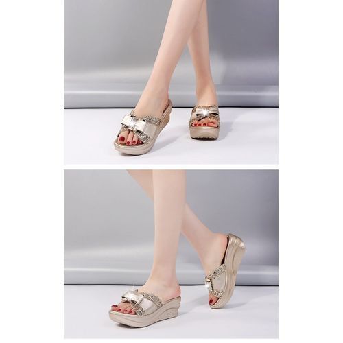 Ladies Newest Flat Fancy Slippers Female Fashion Slope Heel Slippers Casual Slippers Sandals Fish Mouth-Gold