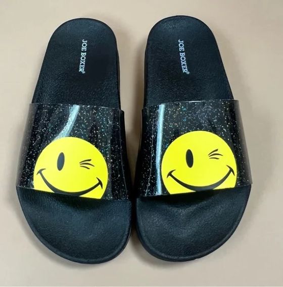 Smiley Face Summer Slide Sandal With Black /Yellow Glitter