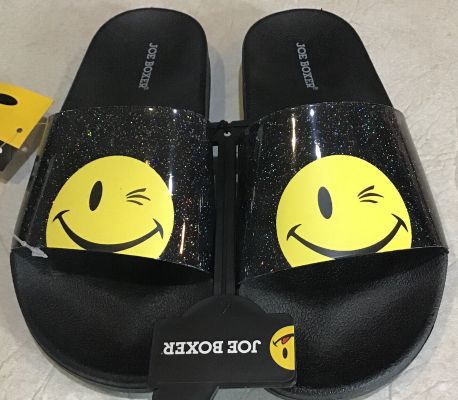 Smiley Face Summer Slide Sandal With Black /Yellow Glitter