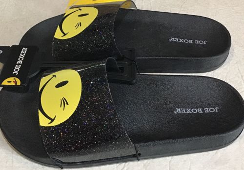 Smiley Face Summer Slide Sandal With Black /Yellow Glitter
