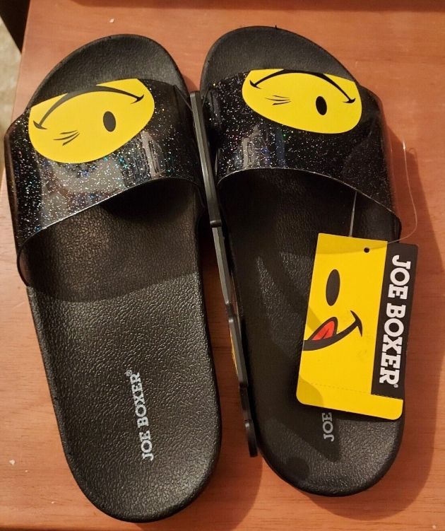 Smiley Face Summer Slide Sandal With Black /Yellow Glitter