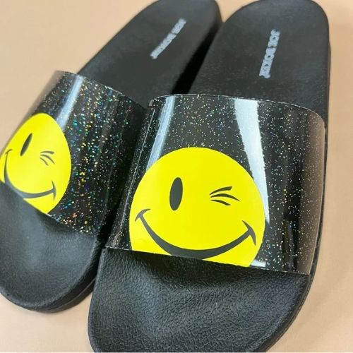 Smiley Face Summer Slide Sandal With Black /Yellow Glitter