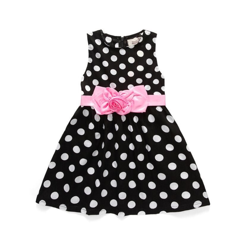 Korean Summer Baby Children Sleeveless Dot Flower Belt Girls Dress-Black