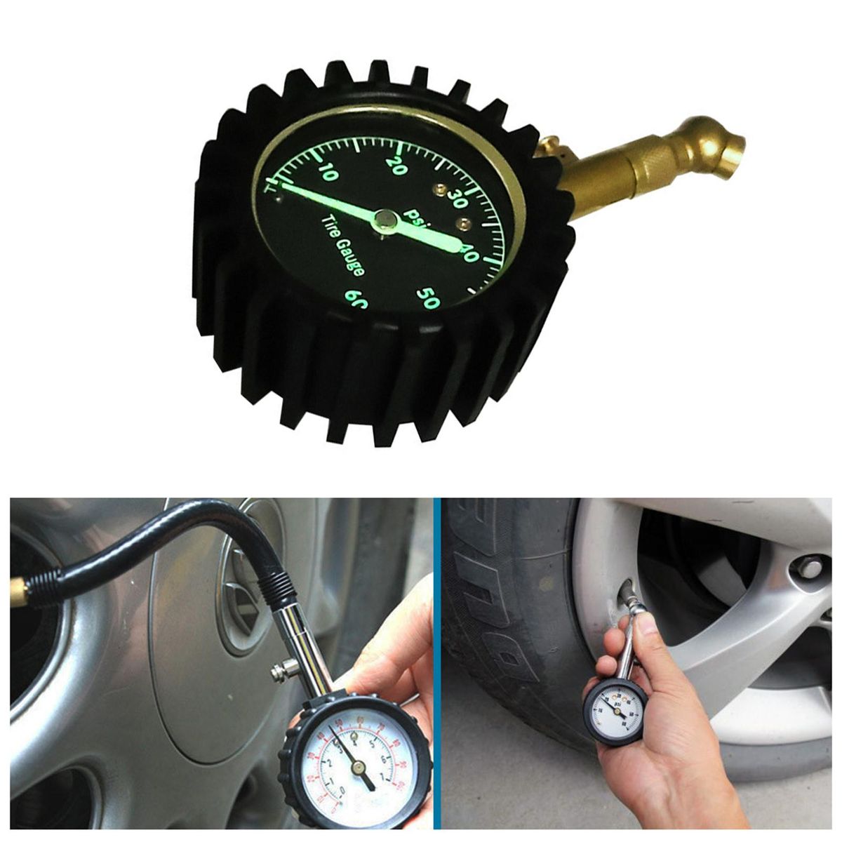 0-60psi Tire Pressure Gauge Heavy Duty Air Pressure Gauge with Large 2 Inch Easy to Read Glow Dial, Low - High Tire Gauge for Car, SUV & Truck Tires