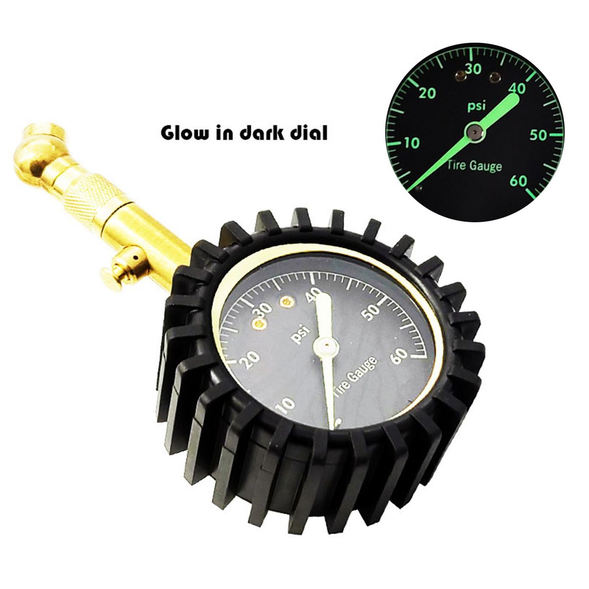 0-60psi Tire Pressure Gauge Heavy Duty Air Pressure Gauge with Large 2 Inch Easy to Read Glow Dial, Low - High Tire Gauge for Car, SUV & Truck Tires