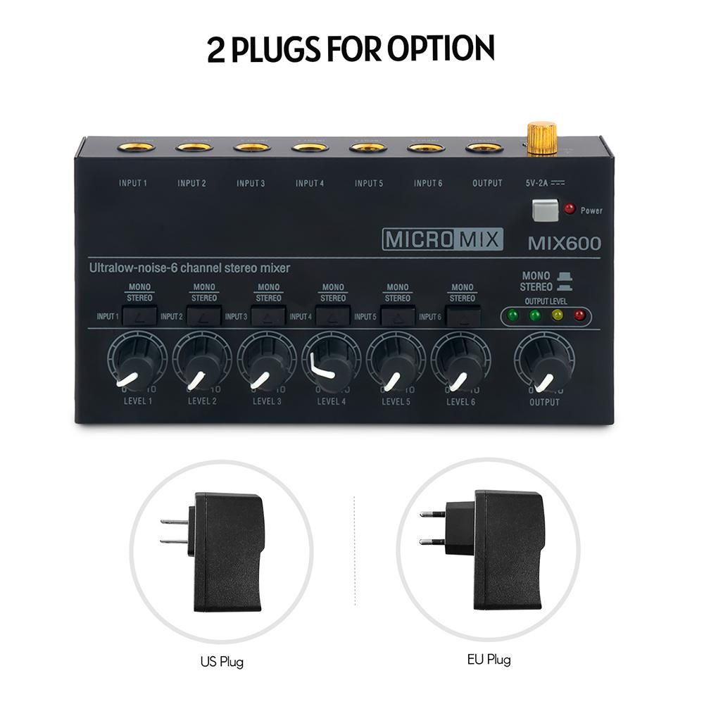 Mini Audio Mixer Stereo Line Mixer for Sub-Mixing Ultra Low-Noise 6-Channel for Guitars Bass Keyboards or Stage Mixer Extension