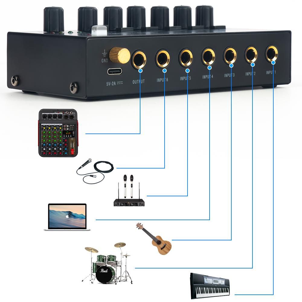 Mini Audio Mixer Stereo Line Mixer for Sub-Mixing Ultra Low-Noise 6-Channel for Guitars Bass Keyboards or Stage Mixer Extension