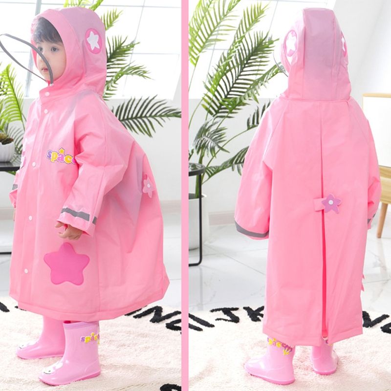 Large Hat Brim Cartoon Print Children Raincoat With Schoolbag Seat-Pink