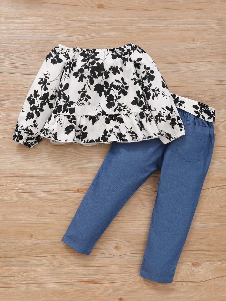 1-6 Years Child Girl Fashion 2PCS Outfit Set Floral Blouse + Blue Trousers