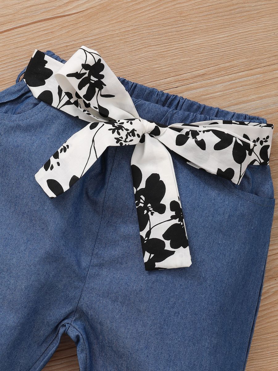 1-6 Years Child Girl Fashion 2PCS Outfit Set Floral Blouse + Blue Trousers