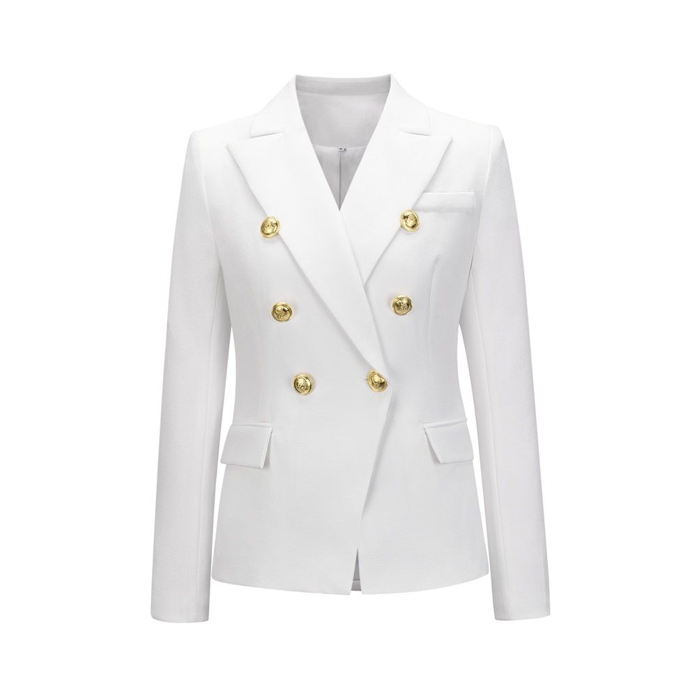 Womens Plaid Double Breasted Suit Jacket Blazer-White