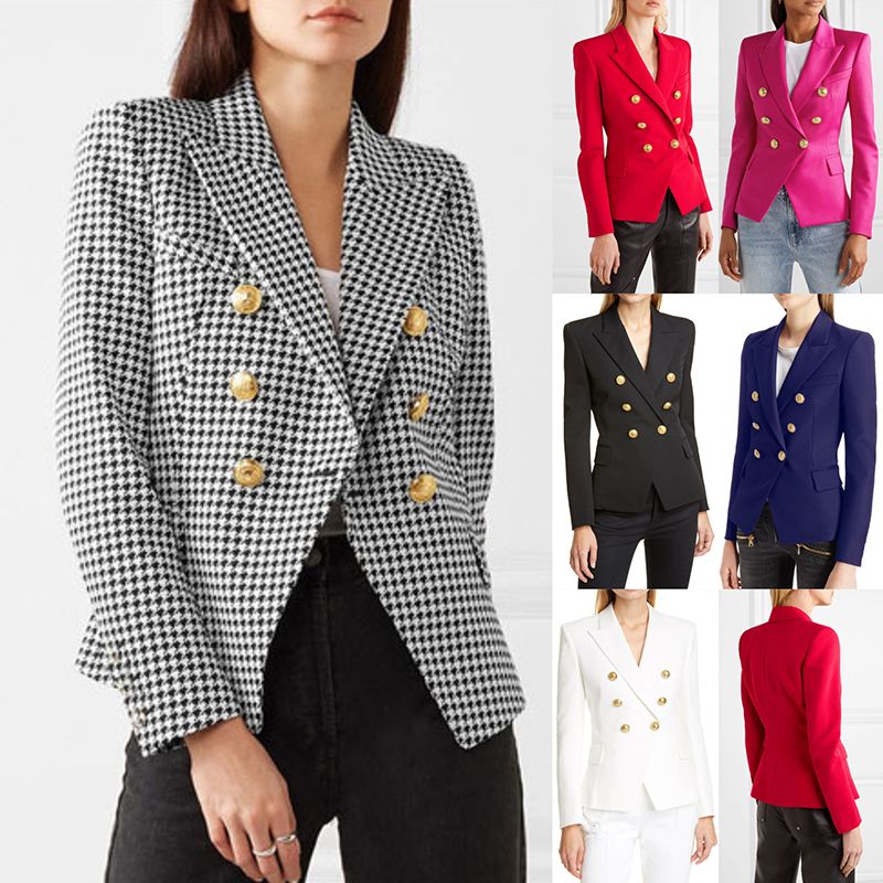 Womens Plaid Double Breasted Suit Jacket Blazer-White