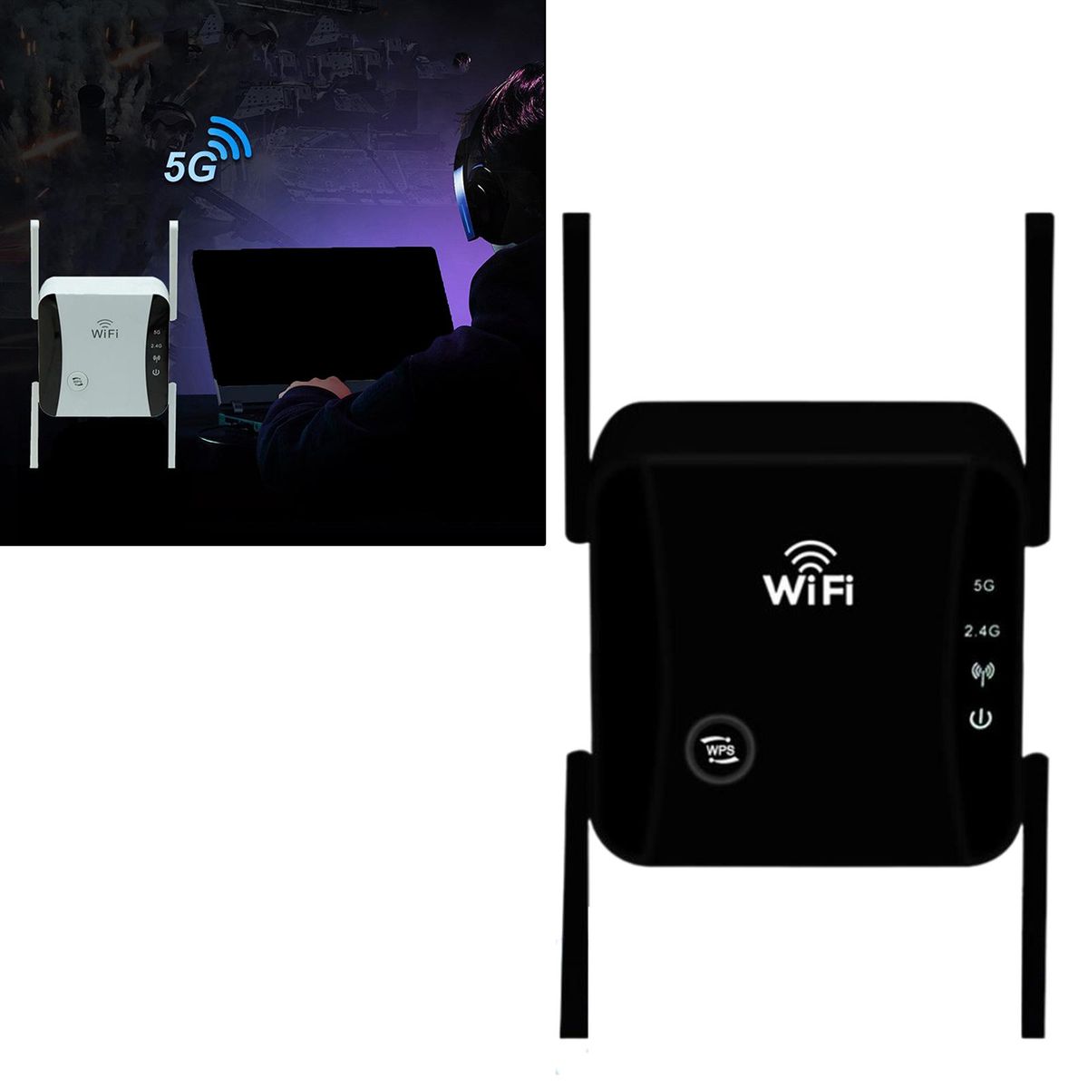 1200Mbps WiFi Extender Repeater 5G 2.4G Dual Band For Home Black