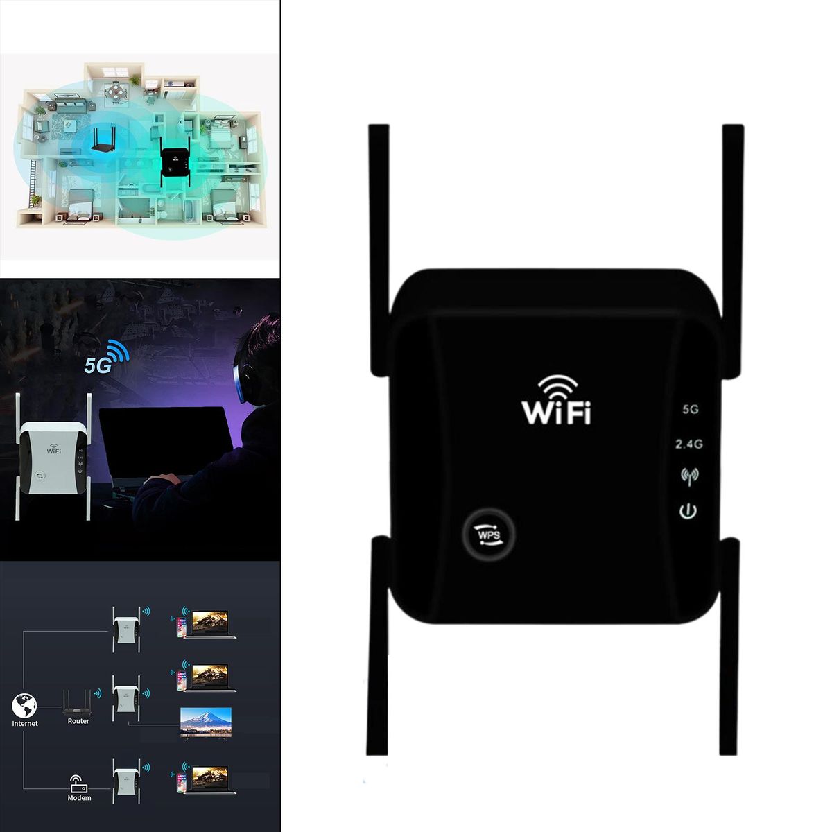 1200Mbps WiFi Extender Repeater 5G 2.4G Dual Band For Home Black