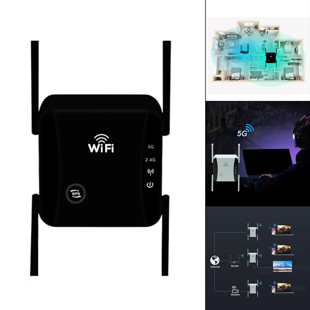 1200Mbps WiFi Extender Repeater 5G 2.4G Dual Band For Home Black