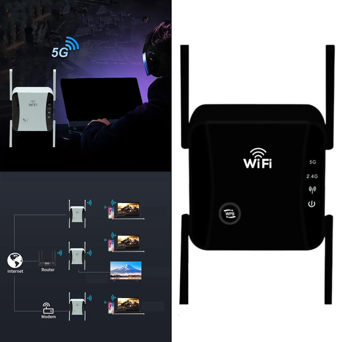 1200Mbps WiFi Extender Repeater 5G 2.4G Dual Band For Home Black