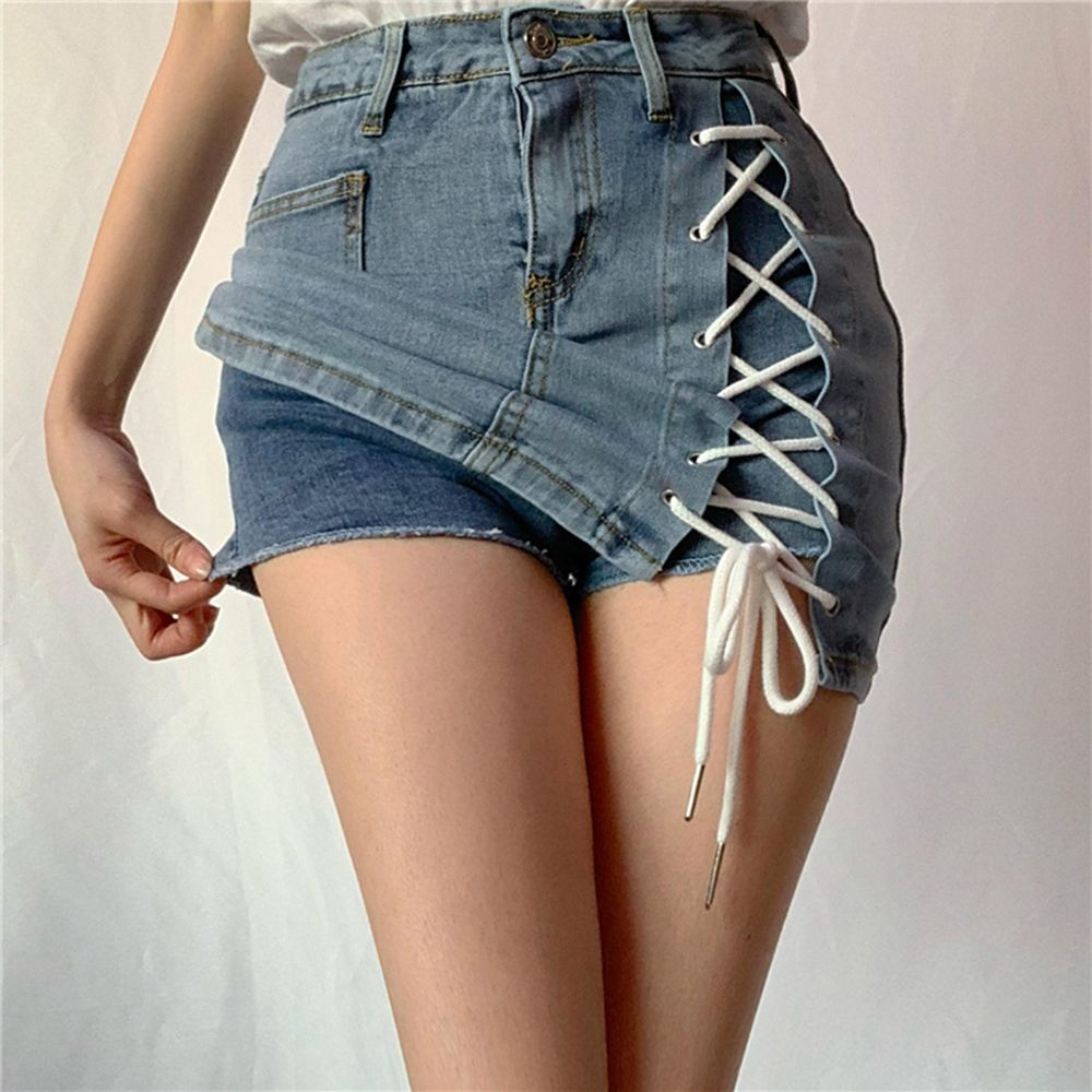 (Blue)summer Denim High Waist Criss-cross Bandage Skirt Shorts Women Fashion  Tight Elastic Short Jeans Womens Clothing 2020 DOU