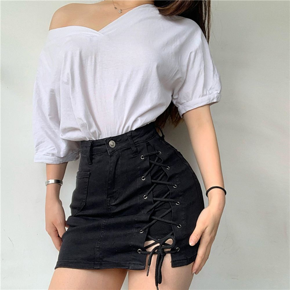 (Blue)summer Denim High Waist Criss-cross Bandage Skirt Shorts Women Fashion  Tight Elastic Short Jeans Womens Clothing 2020 DOU