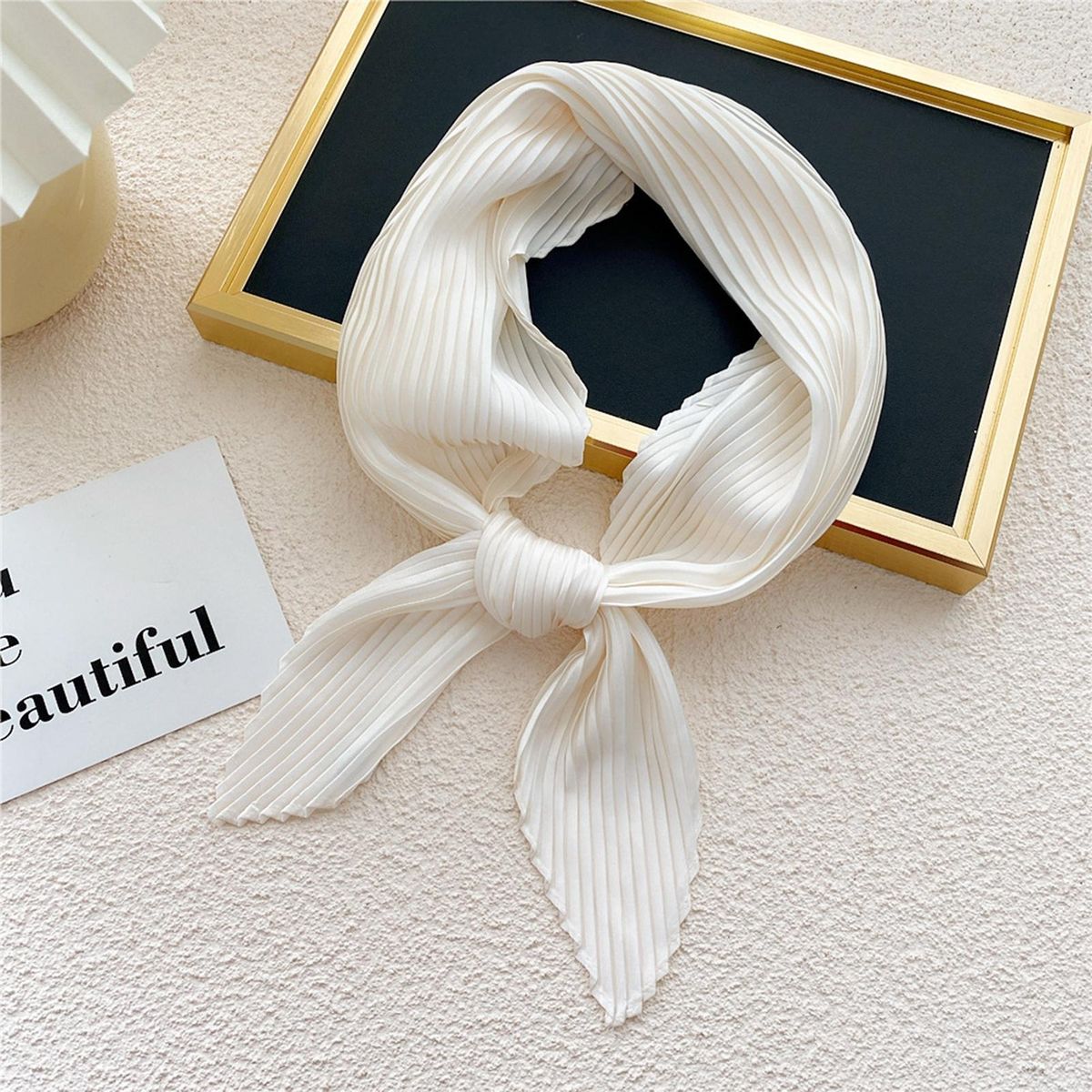 Women Square Scarf Plain Color Wavy Edge Pleated Neck-Beige