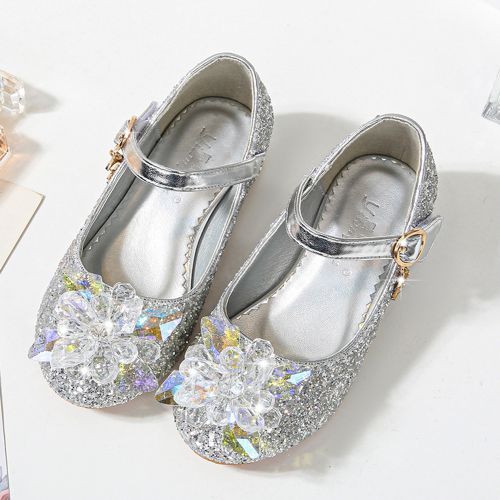 Girls Single Sequined Flower Velcro Student Show Catwalk Low-heeled Shoes Silver