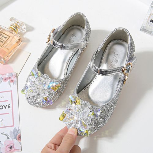 Girls Single Sequined Flower Velcro Student Show Catwalk Low-heeled Shoes Silver