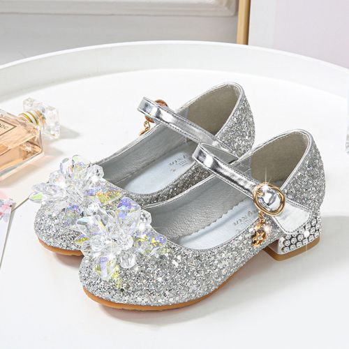 Girls Single Sequined Flower Velcro Student Show Catwalk Low-heeled Shoes Silver