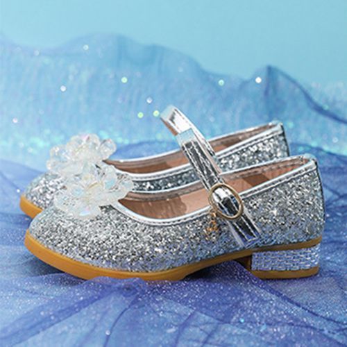 Girls Single Sequined Flower Velcro Student Show Catwalk Low-heeled Shoes Silver