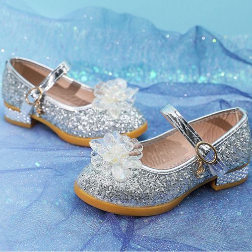 Girls Single Sequined Flower Velcro Student Show Catwalk Low-heeled Shoes Silver