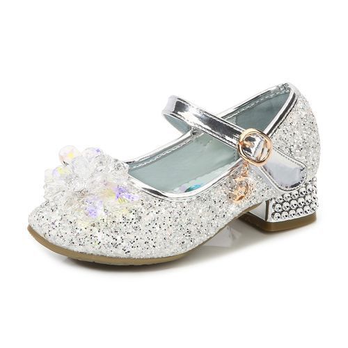 Girls Single Sequined Flower Velcro Student Show Catwalk Low-heeled Shoes Silver