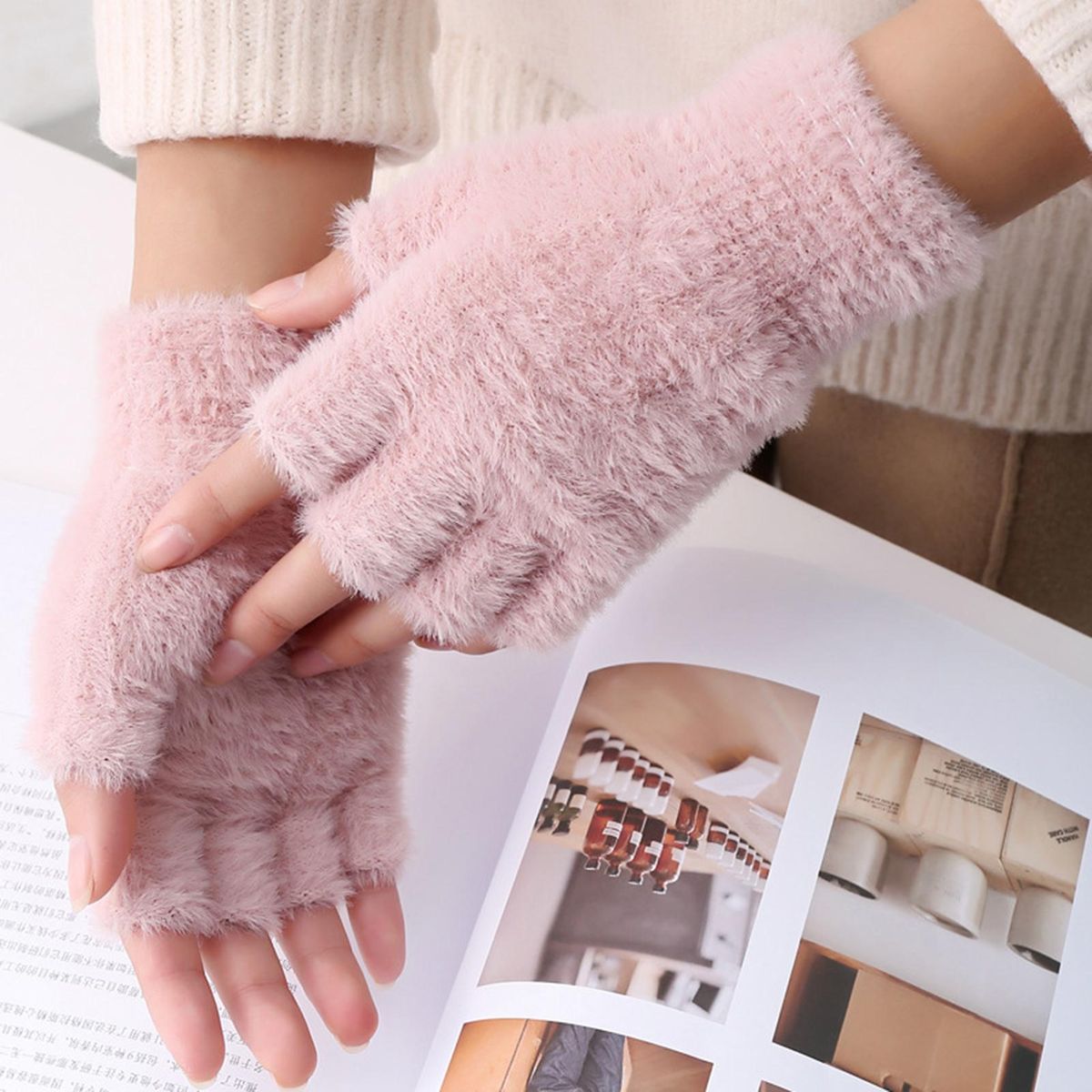 1 Pair Half Finger Winter Warm Fluffy Plush Women Pink