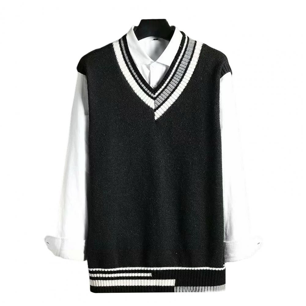 Men Sweater V Neck Loose Pullover Sleeveless Streetwear Keep Warm-Black