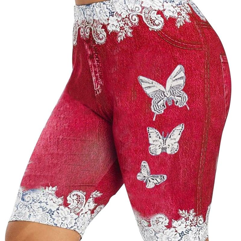 Women Lace Print Fitness Sports Biker Shorts Summer Joing Leings Beach Athletic Skinny Elastic Stretchy Yoga Shorts -Style 1 Red