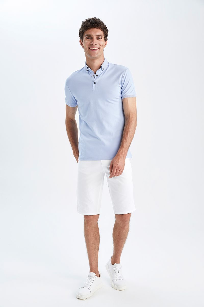 Man Slim Fit Polo Neck Short Sleeve Knitted Polo T-Shirt - Blue