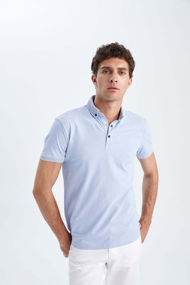 Man Slim Fit Polo Neck Short Sleeve Knitted Polo T-Shirt - Blue