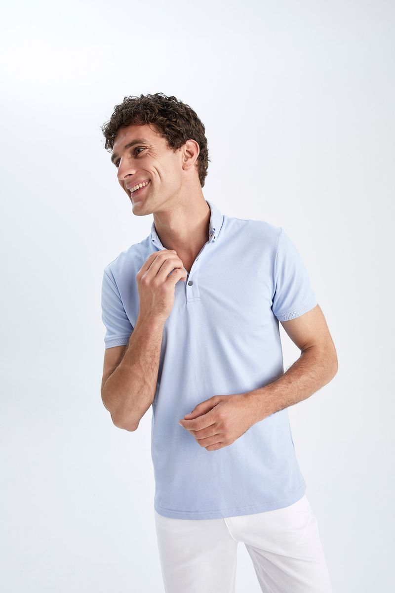 Man Slim Fit Polo Neck Short Sleeve Knitted Polo T-Shirt - Blue