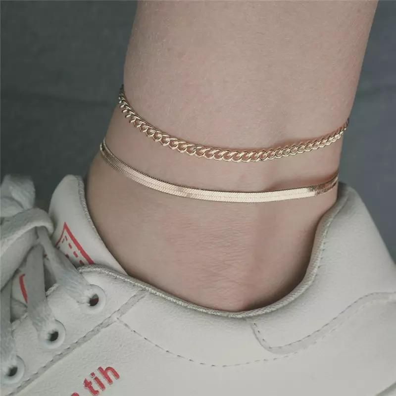 01 LUXE 2 IN 1  CUBAN LINK AND HERRING BONE  ANKLET